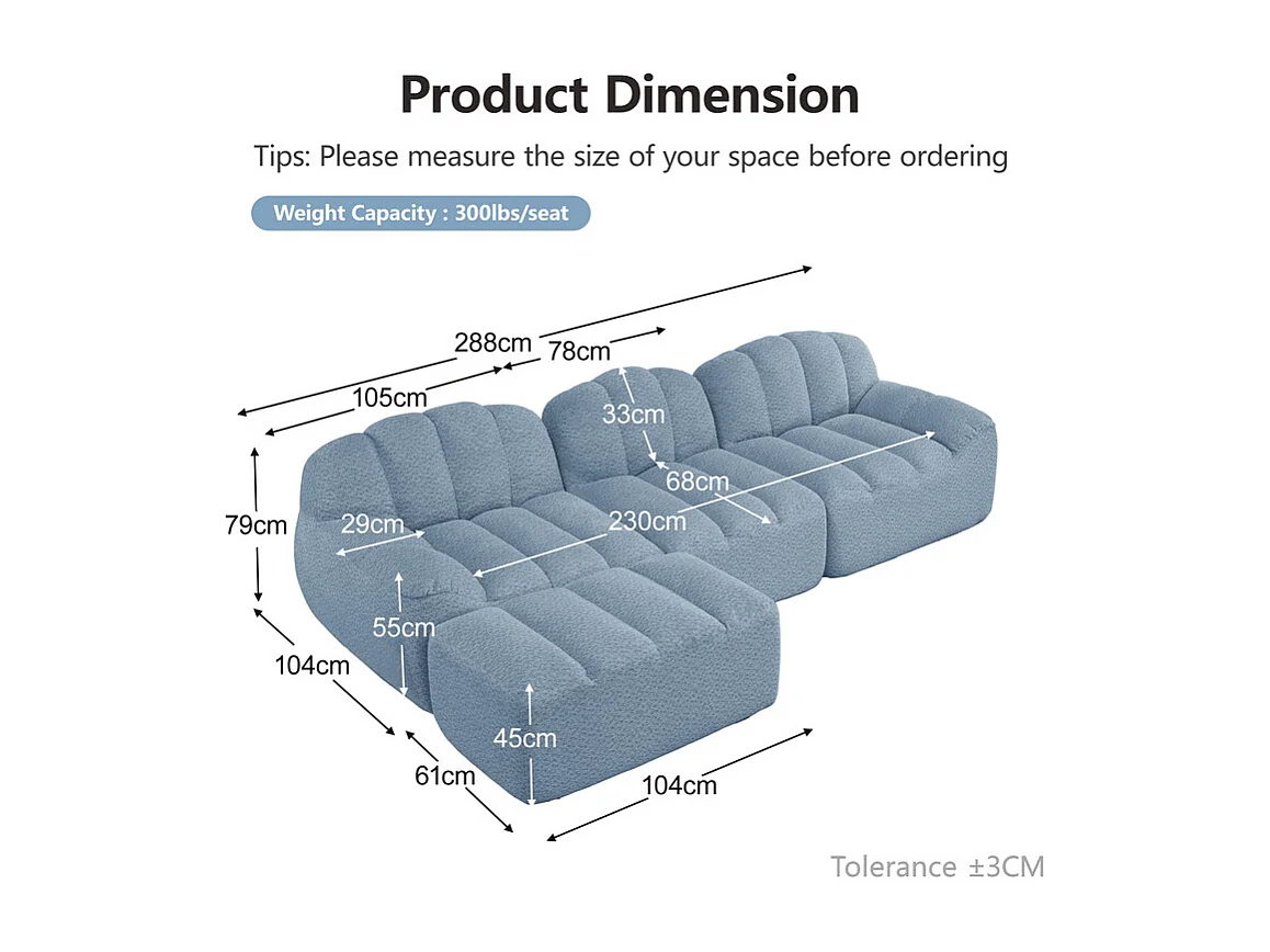 Canapé 3 places modulable en forme de L - avec pouf - velours côtelé - 288x165x79cm - Bleu
