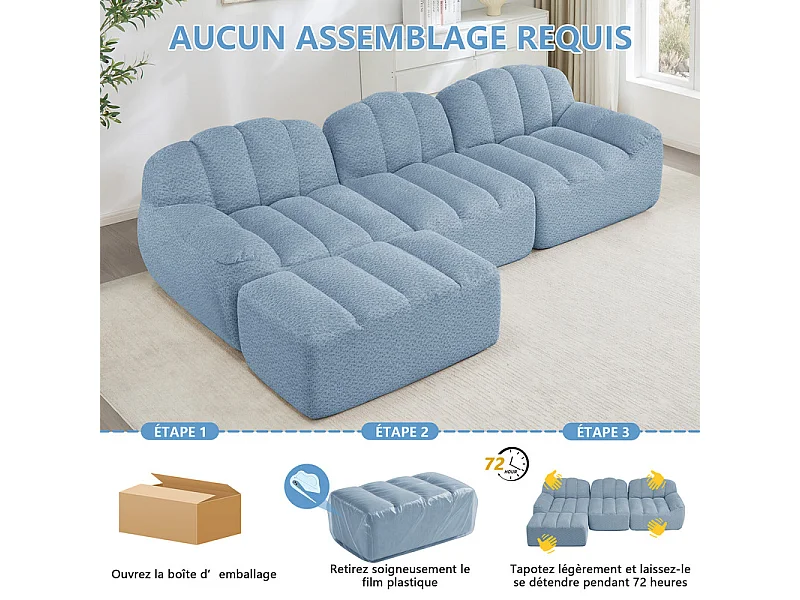 Canapé 3 places modulable en forme de L - avec pouf - velours côtelé - 288x165x79cm - Bleu