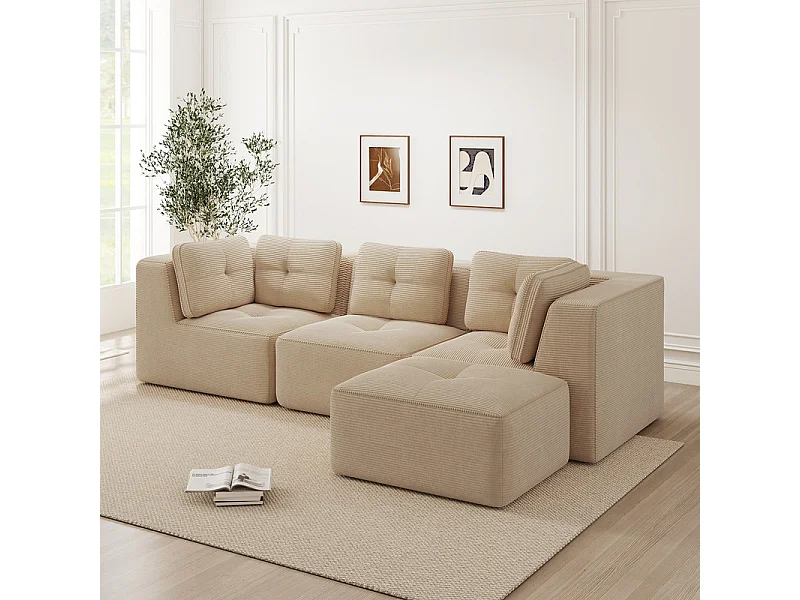 Canapé 3 places modulable, avec pouf et coussins, en velours côtelé, Beige, 297x177x69cm