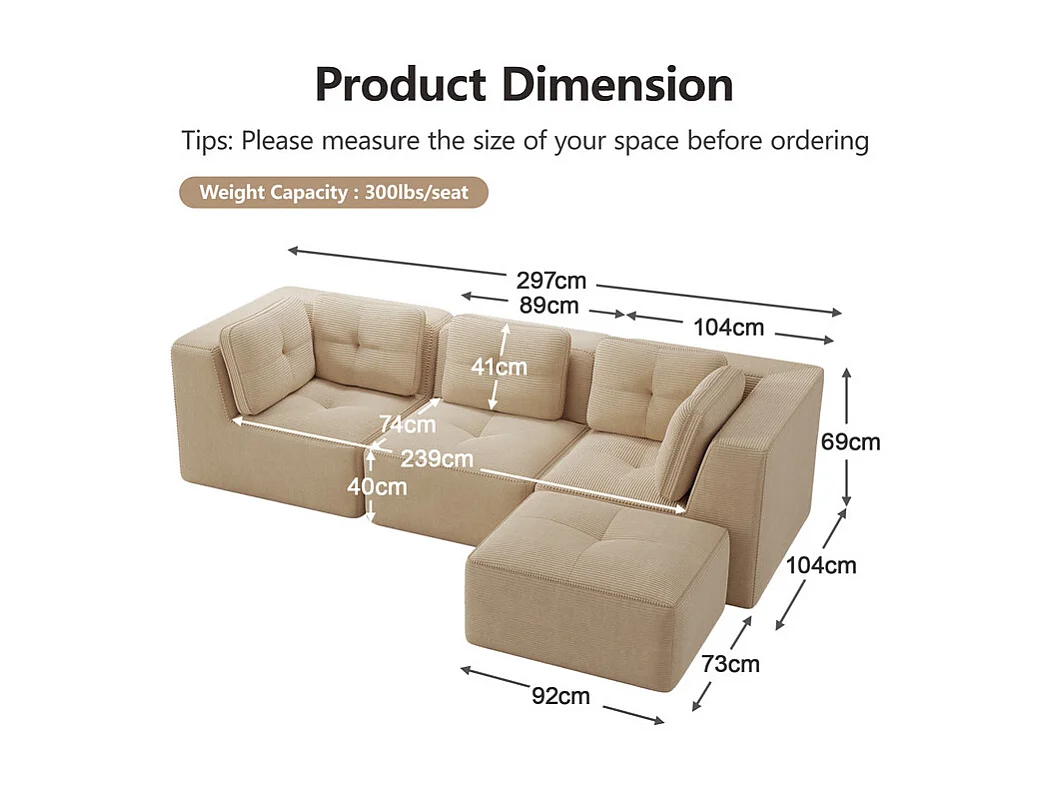 Canapé 3 places modulable, avec pouf et coussins, en velours côtelé, Beige, 297x177x69cm