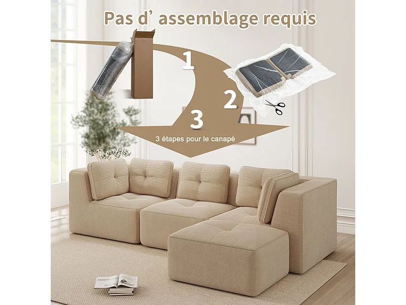 Canapé 3 places modulable, avec pouf et coussins, en velours côtelé, Beige, 297x177x69cm