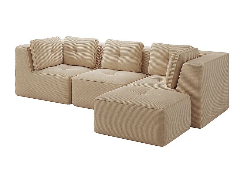 Canapé 3 places modulable, avec pouf et coussins, en velours côtelé, Beige, 297x177x69cm