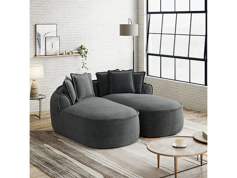 Canapé 2 places modulable en tissu chenille, méridienne double, avec 6 coussins, 184x164x67cm, Gris