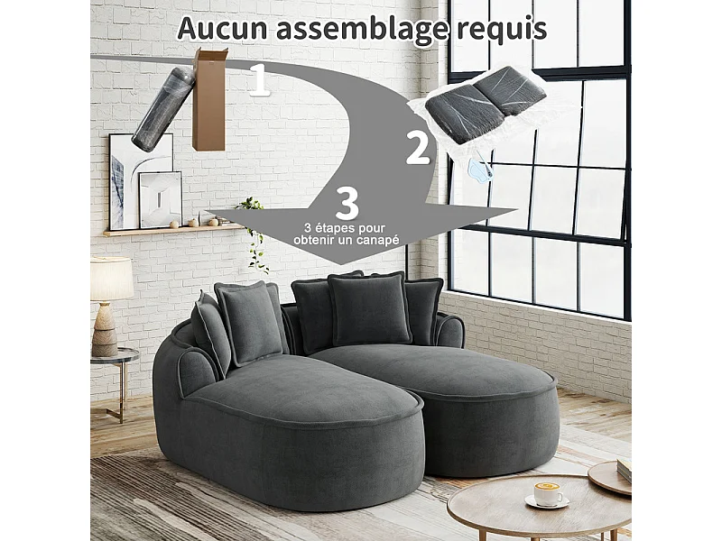 Canapé 2 places modulable en tissu chenille, méridienne double, avec 6 coussins, 184x164x67cm, Gris