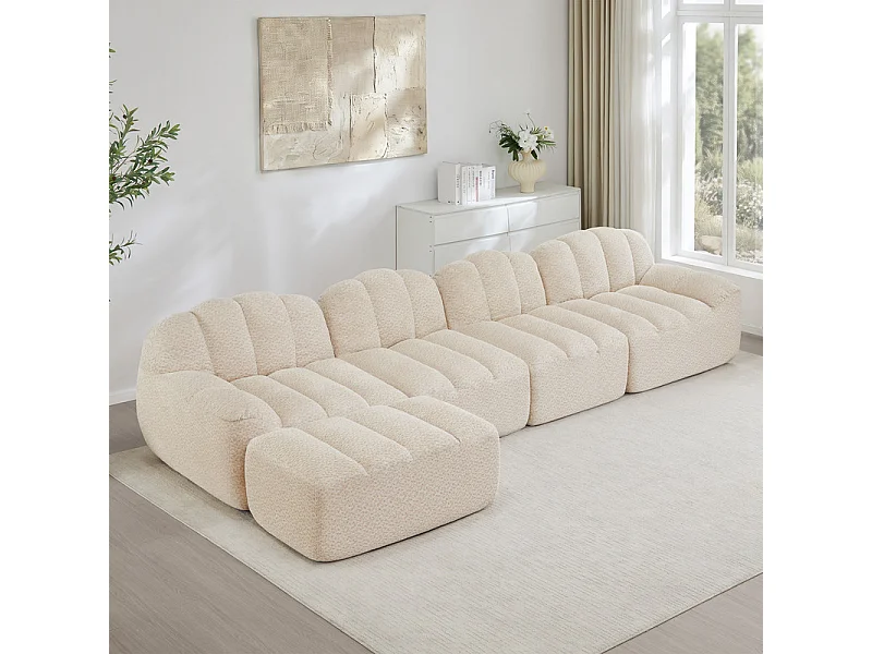 Canapé d'angle modulable en velours côtelé beige, ergonomique, sans assemblage, 366x165x79cm