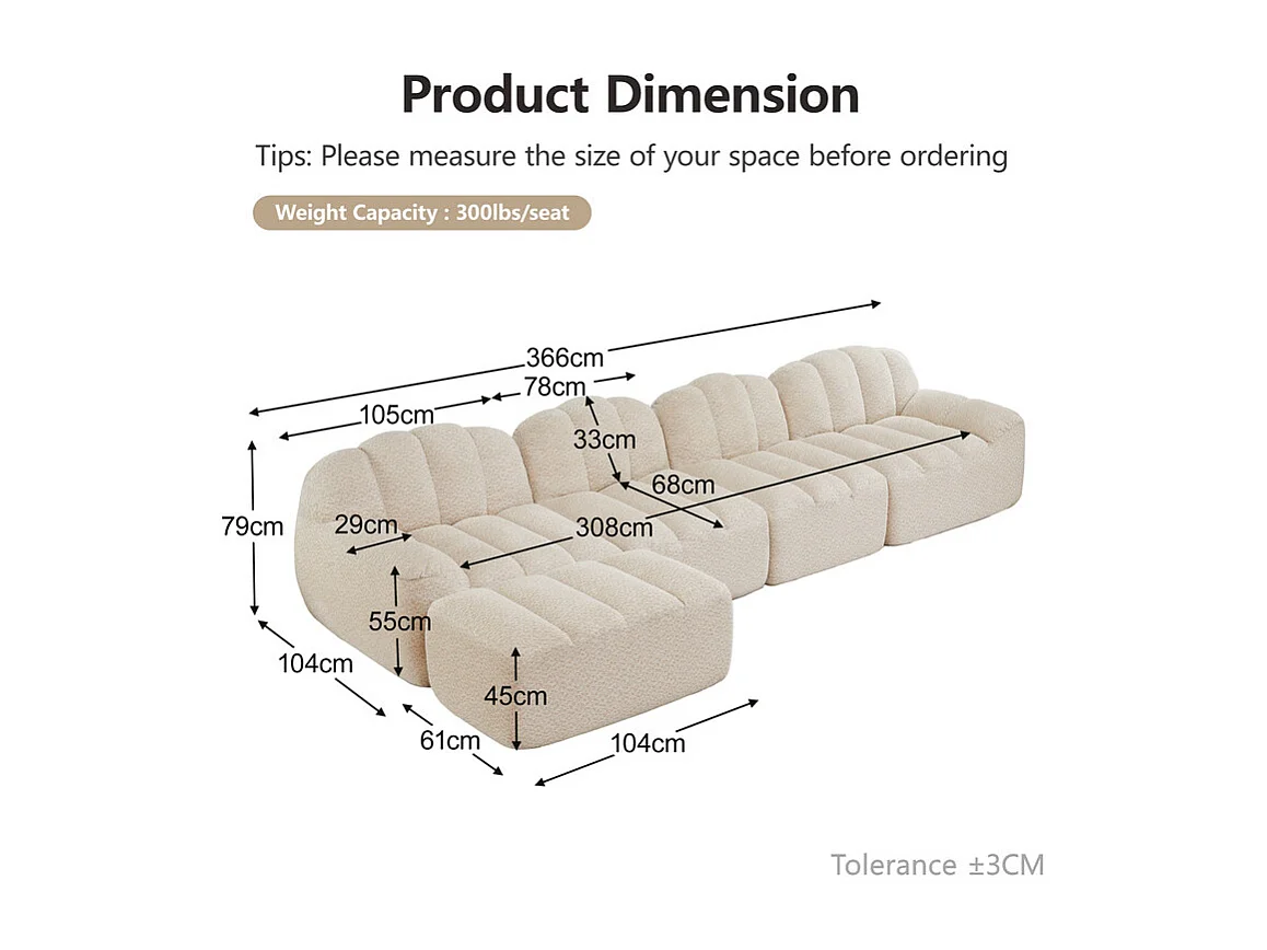 Canapé d'angle modulable en velours côtelé beige, ergonomique, sans assemblage, 366x165x79cm