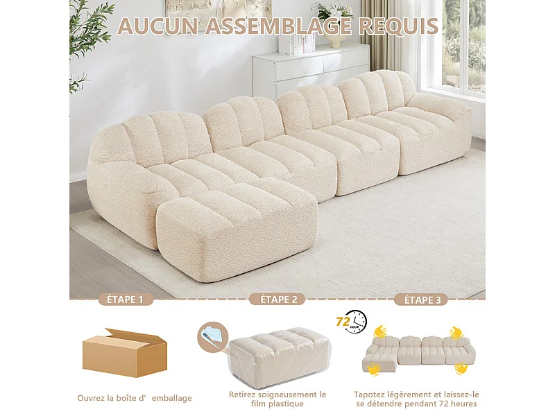 Canapé d'angle modulable en velours côtelé beige, ergonomique, sans assemblage, 366x165x79cm