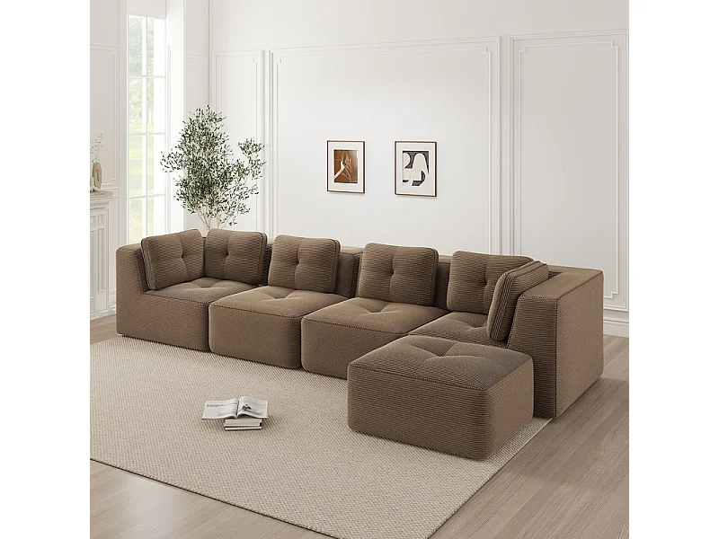 Canapé 4 places d'angle en velours côtelé, avec pouf et 6 coussins, 386x177x69cm, Marron