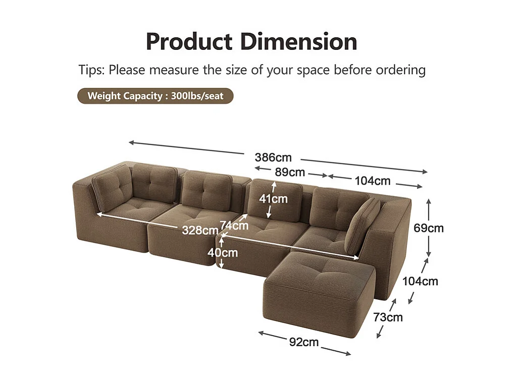 Canapé 4 places d'angle en velours côtelé, avec pouf et 6 coussins, 386x177x69cm, Marron