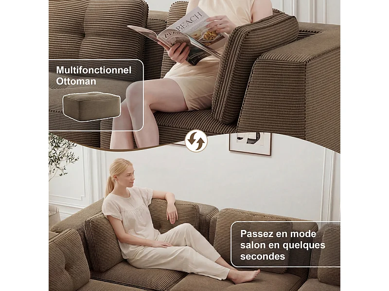 Canapé 4 places d'angle en velours côtelé, avec pouf et 6 coussins, 386x177x69cm, Marron