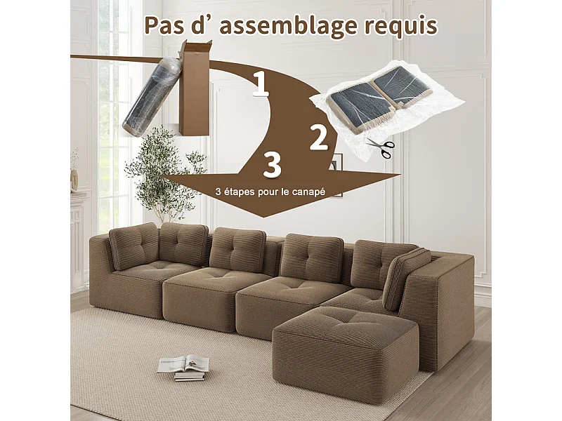 Canapé 4 places d'angle en velours côtelé, avec pouf et 6 coussins, 386x177x69cm, Marron