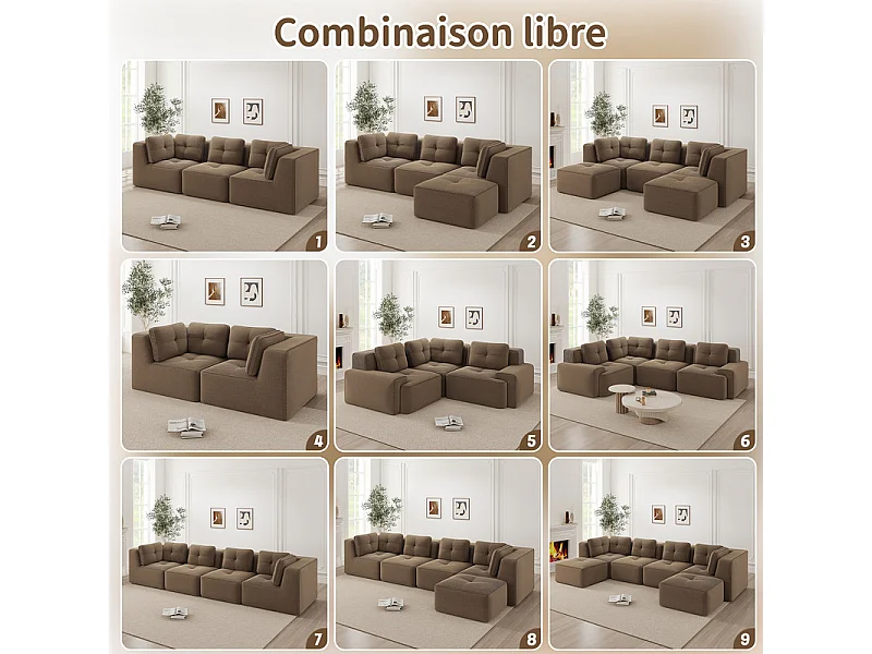 Canapé 4 places d'angle en velours côtelé, avec pouf et 6 coussins, 386x177x69cm, Marron