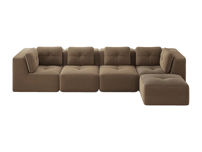 Canapé 4 places d'angle en velours côtelé, avec pouf et 6 coussins, 386x177x69cm, Marron