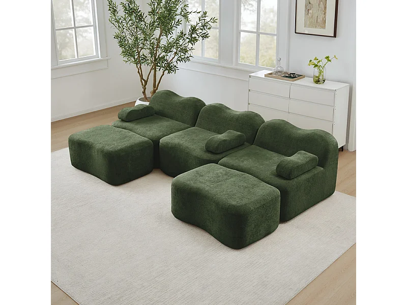 Canapé d'angle panoramique en velours, avec 2 pouf et coussin d'accoudoir, 288x167x70cm, Vert