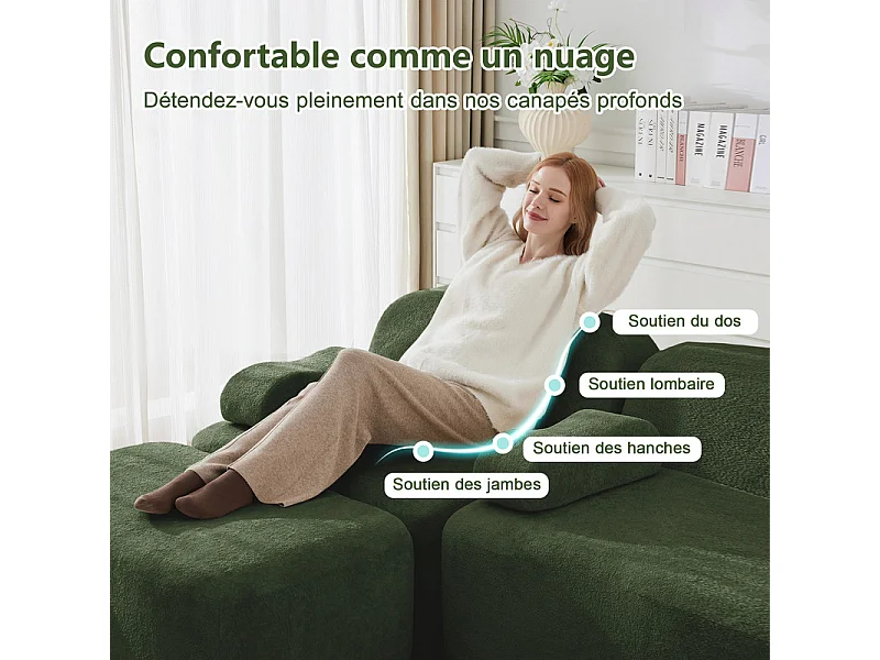 Canapé d'angle panoramique en velours, avec 2 pouf et coussin d'accoudoir, 288x167x70cm, Vert