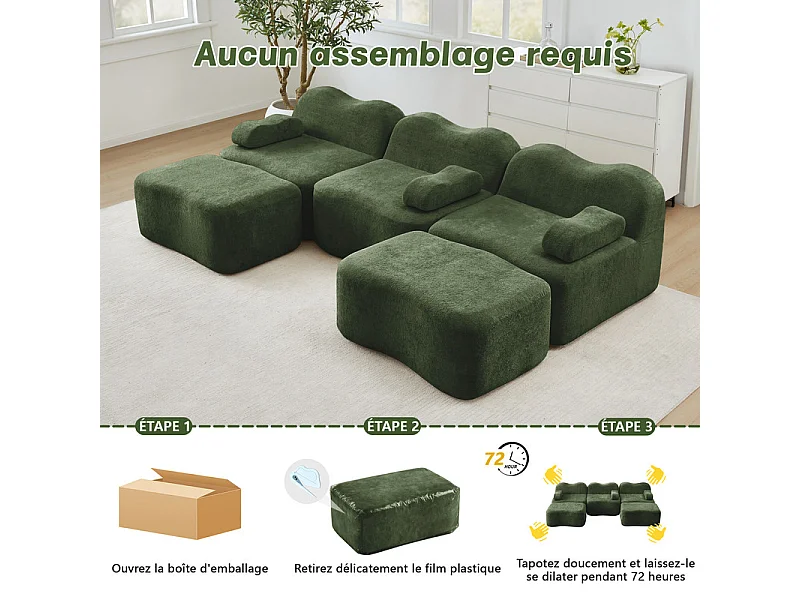 Canapé d'angle panoramique en velours, avec 2 pouf et coussin d'accoudoir, 288x167x70cm, Vert