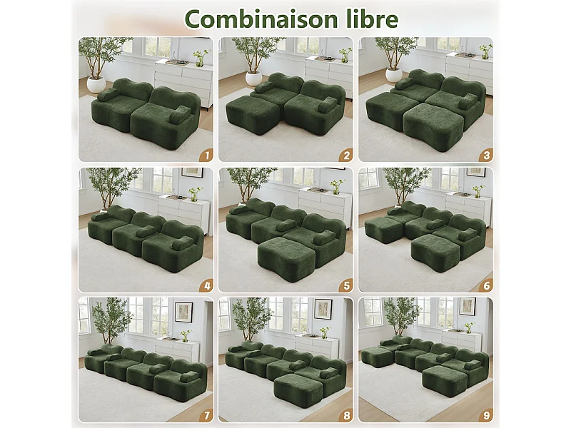 Canapé d'angle panoramique en velours, avec 2 pouf et coussin d'accoudoir, 288x167x70cm, Vert