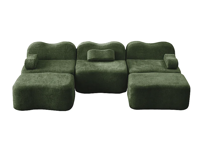 Canapé d'angle panoramique en velours, avec 2 pouf et coussin d'accoudoir, 288x167x70cm, Vert