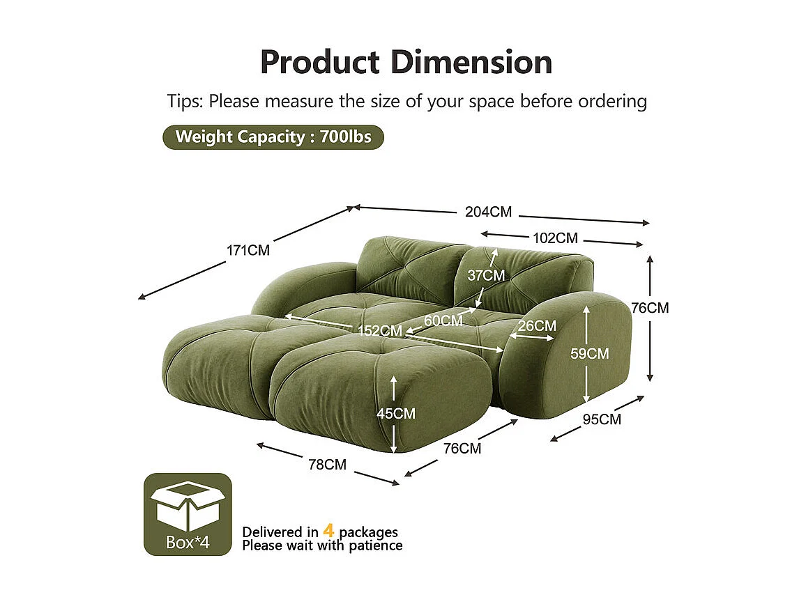 Canapé d'angle modulable en tissu chenille, 2 places, avec 2 pouf, 204x171x76cm, Vert