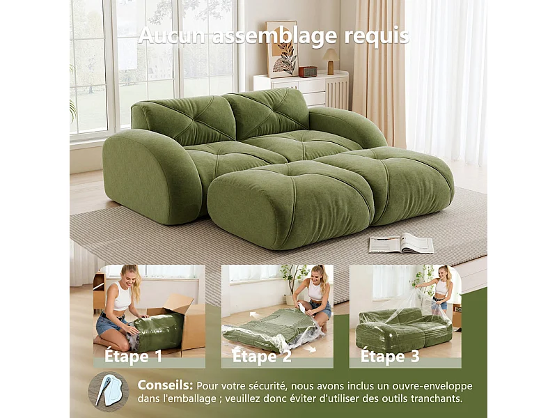 Canapé d'angle modulable en tissu chenille, 2 places, avec 2 pouf, 204x171x76cm, Vert