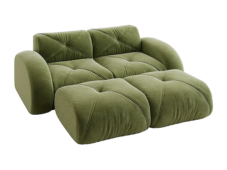 Canapé d'angle modulable en tissu chenille, 2 places, avec 2 pouf, 204x171x76cm, Vert