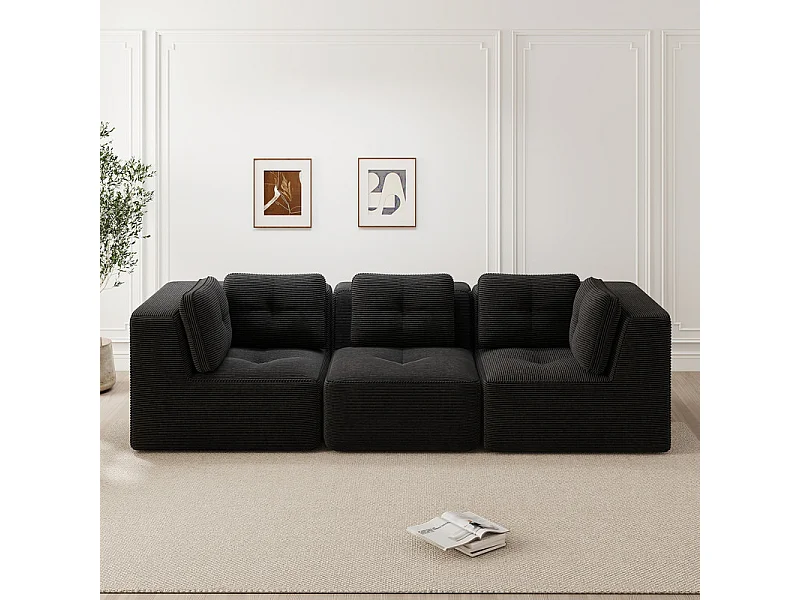 Canapé 3 places modulable, avec 5 coussins, en velours côtelé, Noir, 297x104x69cm