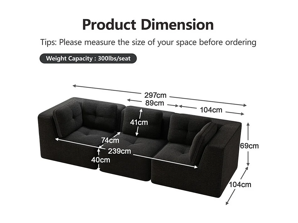 Canapé 3 places modulable, avec 5 coussins, en velours côtelé, Noir, 297x104x69cm