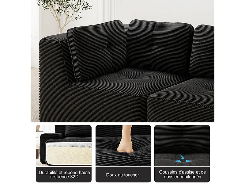 Canapé 3 places modulable, avec 5 coussins, en velours côtelé, Noir, 297x104x69cm
