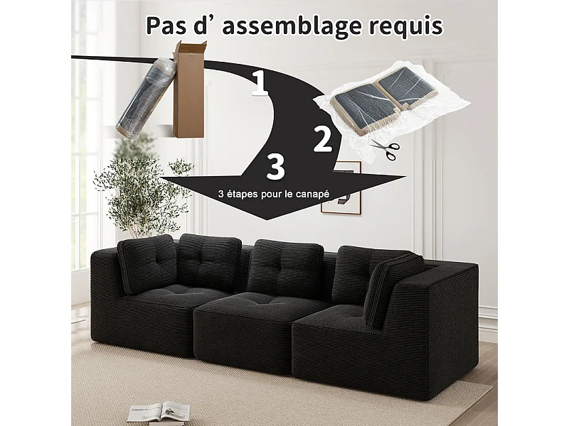 Canapé 3 places modulable, avec 5 coussins, en velours côtelé, Noir, 297x104x69cm