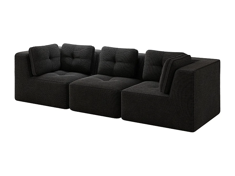 Canapé 3 places modulable, avec 5 coussins, en velours côtelé, Noir, 297x104x69cm