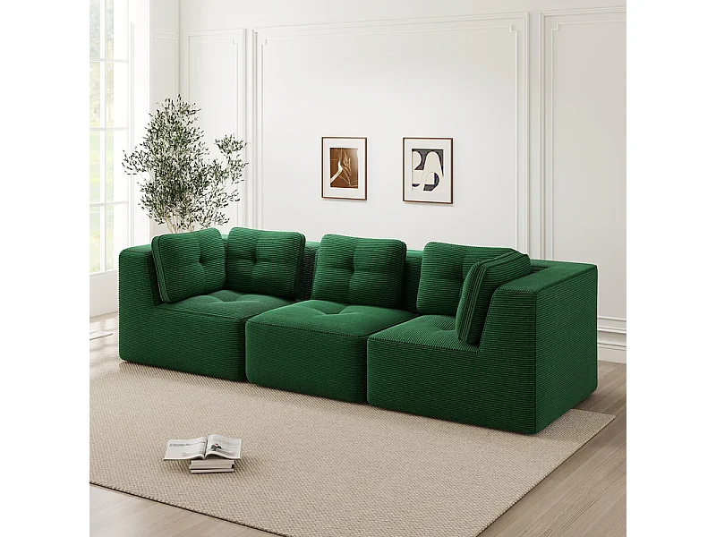 Canapé 3 places modulable, avec 5 coussins, en velours côtelé, Vert, 297x104x69cm