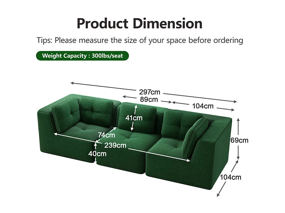 Canapé 3 places modulable, avec 5 coussins, en velours côtelé, Vert, 297x104x69cm