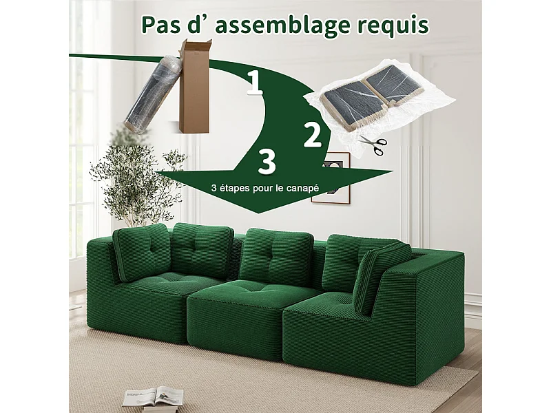 Canapé 3 places modulable, avec 5 coussins, en velours côtelé, Vert, 297x104x69cm