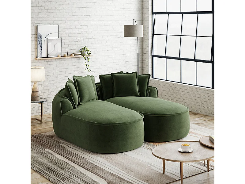 Canapé 2 places modulable en tissu chenille, méridienne double, avec 6 coussins, 184x164x67cm, Vert