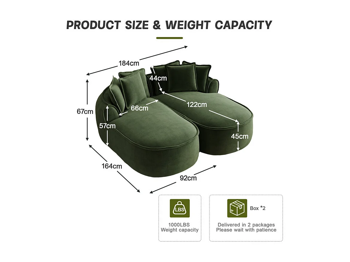 Canapé 2 places modulable en tissu chenille, méridienne double, avec 6 coussins, 184x164x67cm, Vert