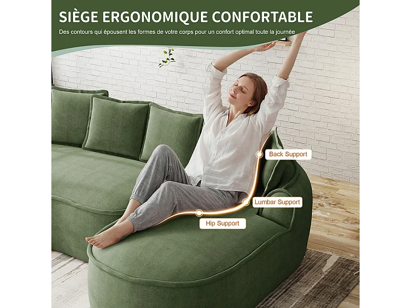 Canapé 2 places modulable en tissu chenille, méridienne double, avec 6 coussins, 184x164x67cm, Vert