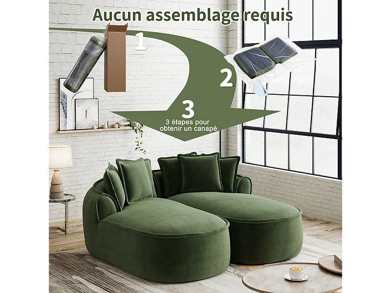 Canapé 2 places modulable en tissu chenille, méridienne double, avec 6 coussins, 184x164x67cm, Vert
