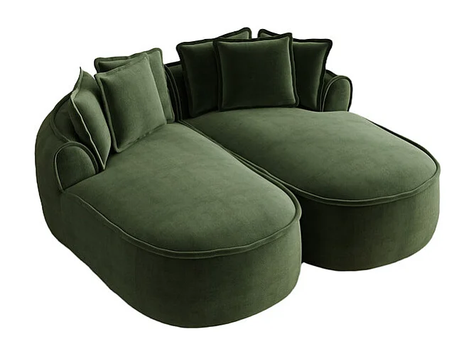 Canapé 2 places modulable en tissu chenille, méridienne double, avec 6 coussins, 184x164x67cm, Vert