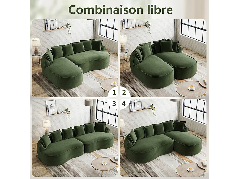 Canapé 2 places modulable en tissu chenille, méridienne double, avec 6 coussins, 184x164x67cm, Vert