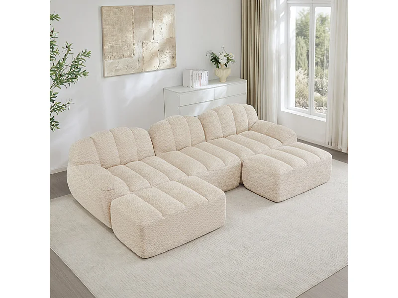 Canapé 3 places d'angle modulable, avec 2 pouf, en velours côtelé, 288x165x79cm, Beige