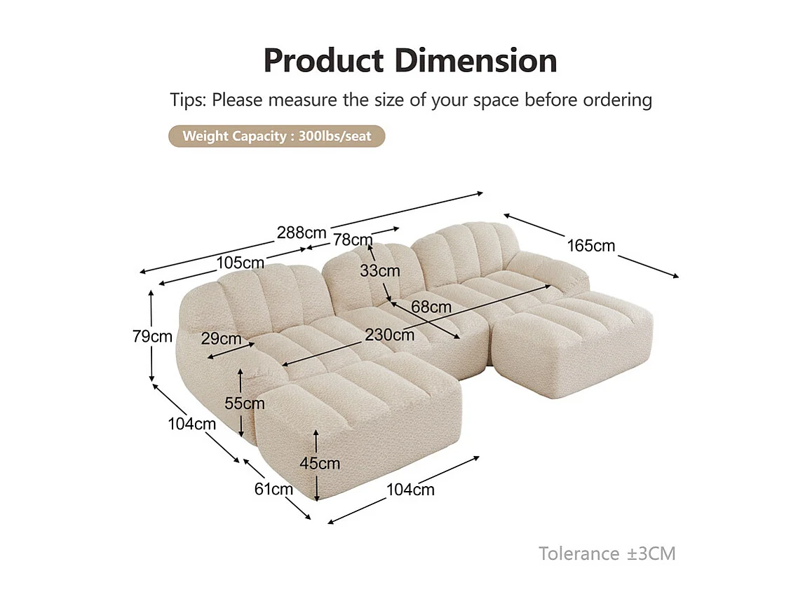Canapé 3 places d'angle modulable, avec 2 pouf, en velours côtelé, 288x165x79cm, Beige