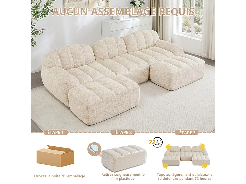 Canapé 3 places d'angle modulable, avec 2 pouf, en velours côtelé, 288x165x79cm, Beige