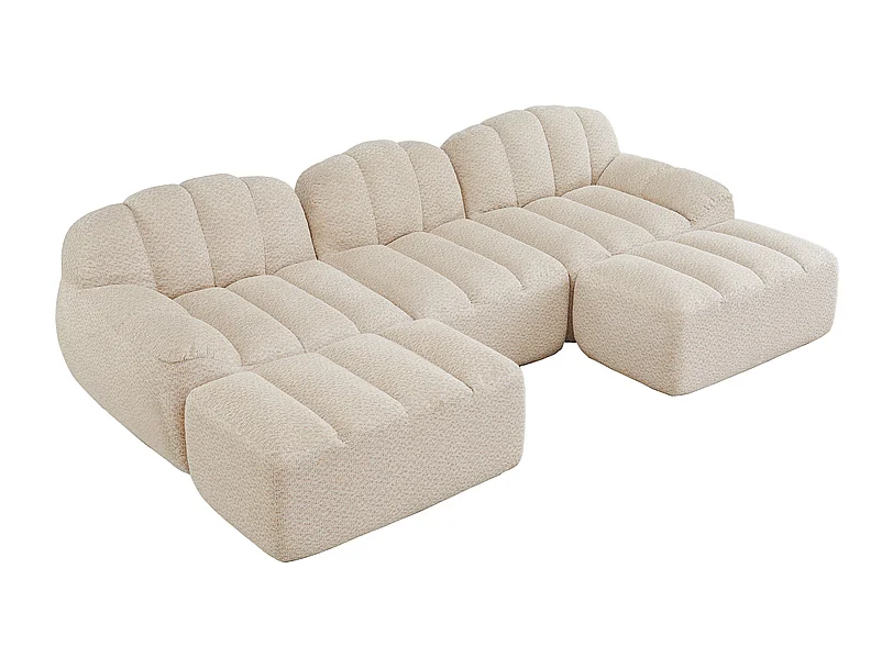 Canapé 3 places d'angle modulable, avec 2 pouf, en velours côtelé, 288x165x79cm, Beige