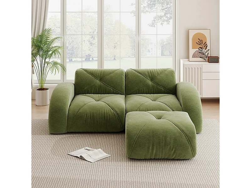 Canapé 2 places d'angle modulable en tissu chenille, avec pouf, 204x171x76cm, Vert