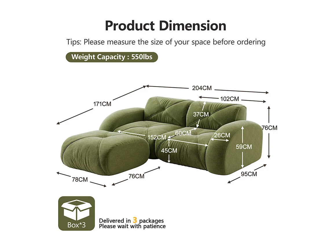 Canapé 2 places d'angle modulable en tissu chenille, avec pouf, 204x171x76cm, Vert