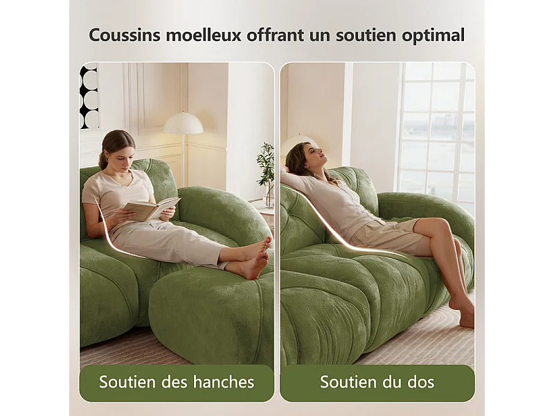 Canapé 2 places d'angle modulable en tissu chenille, avec pouf, 204x171x76cm, Vert