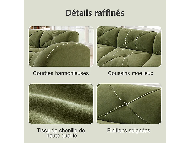 Canapé 2 places d'angle modulable en tissu chenille, avec pouf, 204x171x76cm, Vert