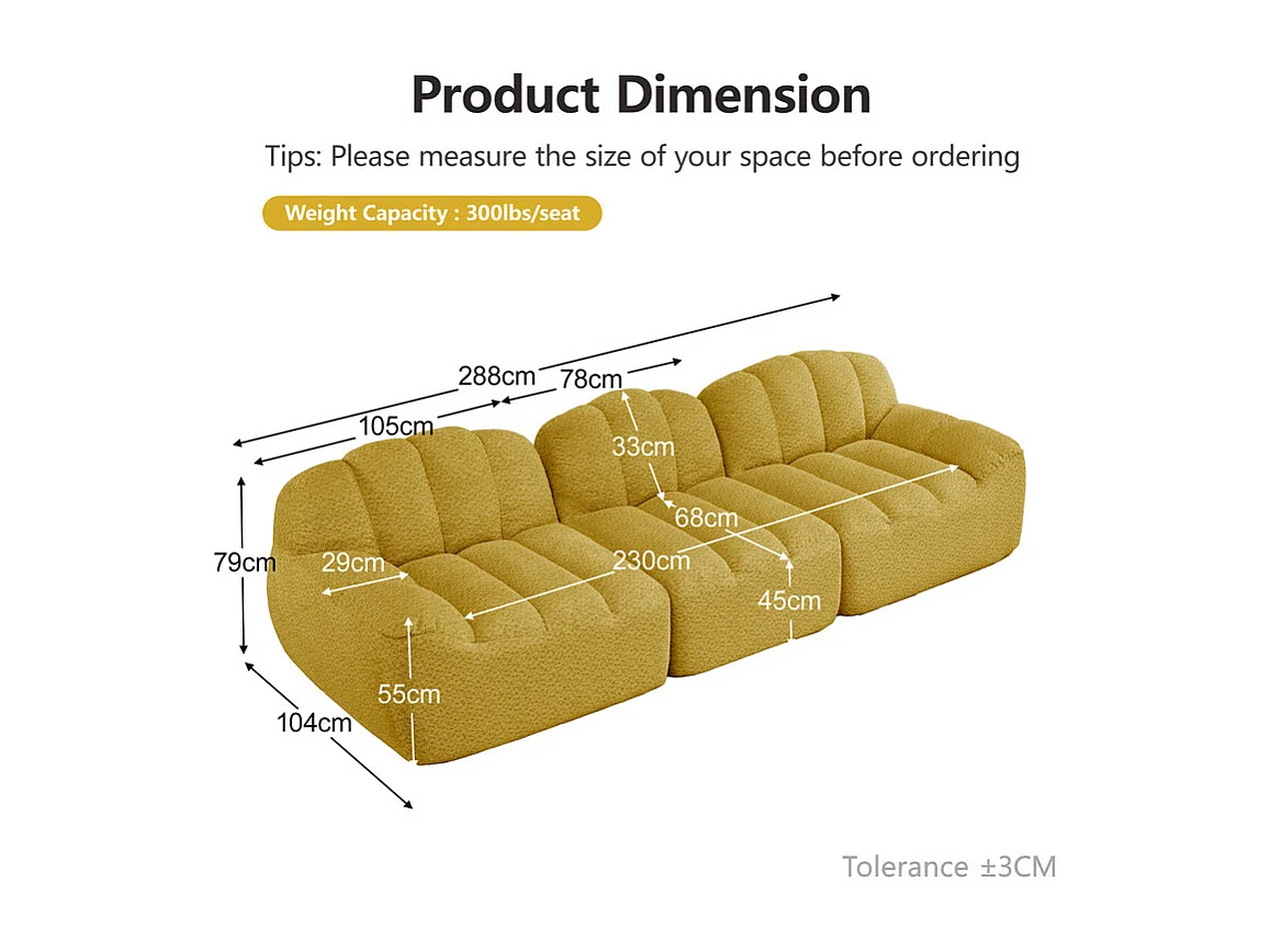 Canapé modulable en forme de coque - 3 places - velours côtelé - 288x104x79cm - Jaune