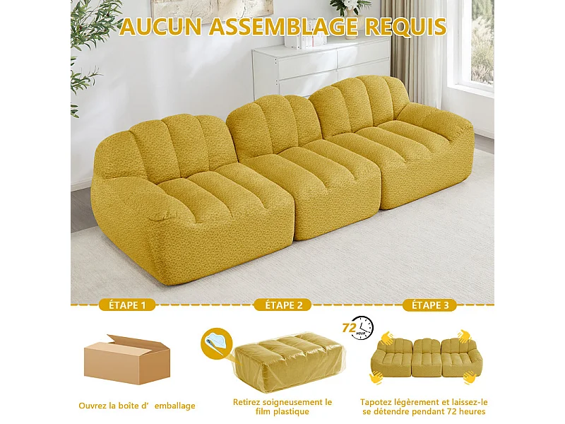 Canapé modulable en forme de coque - 3 places - velours côtelé - 288x104x79cm - Jaune