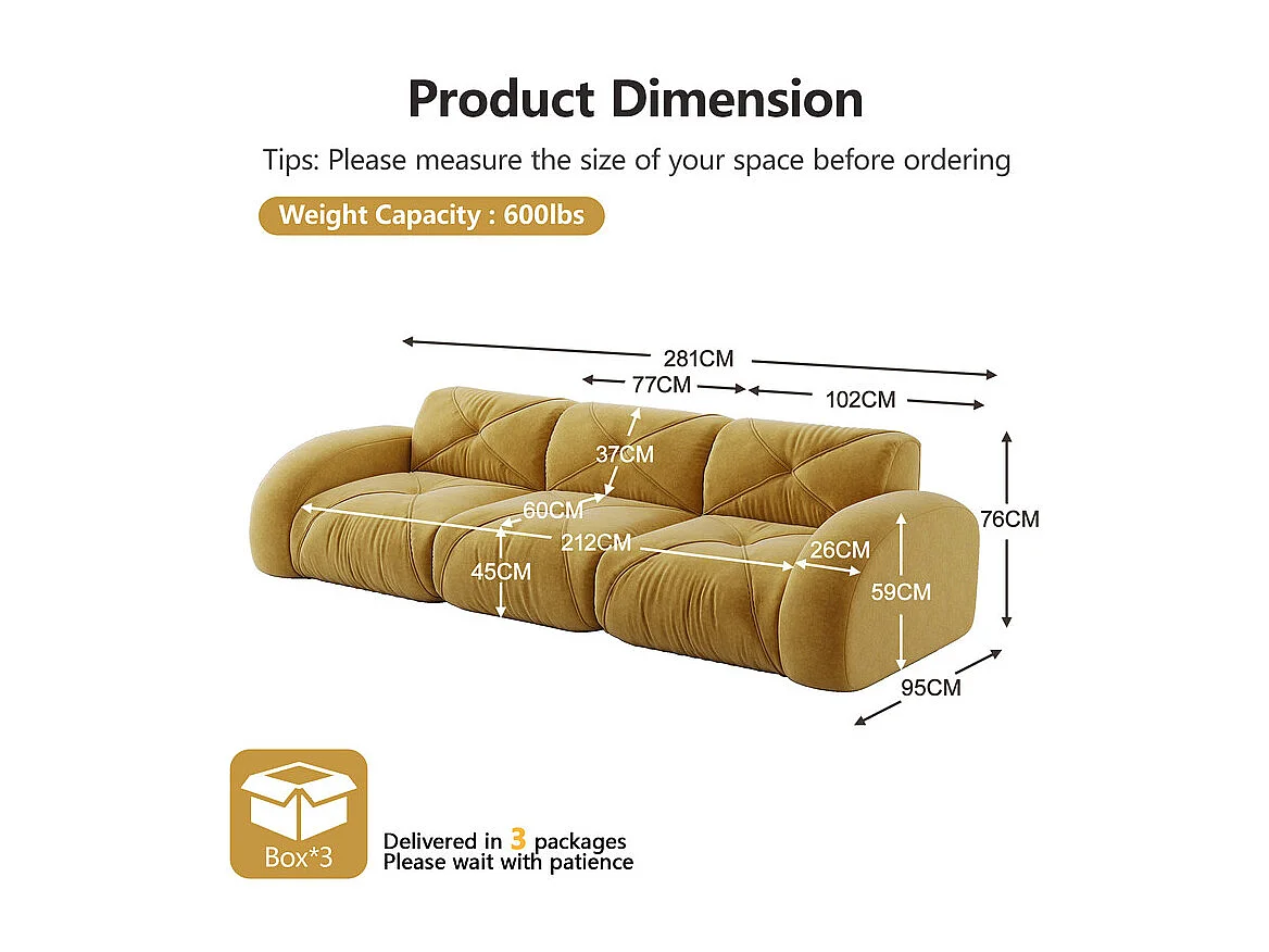 Canapé 3 places modulable en tissu chenille, 281x95x76cm, Jaune